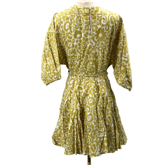 AAKAA SZ S Green 3/4 Puff Sleeve Floral  Cotton Belted Mini Dress NWT B161 - Picture 3 of 7